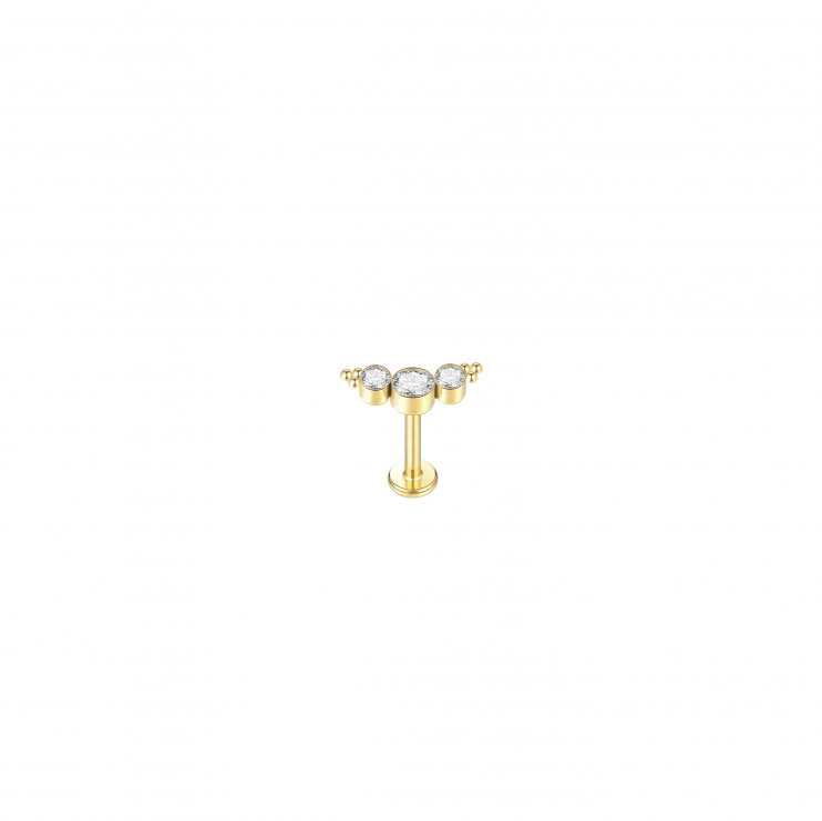 Лабрет из титана с тремя кристаллами и шарами золотой  