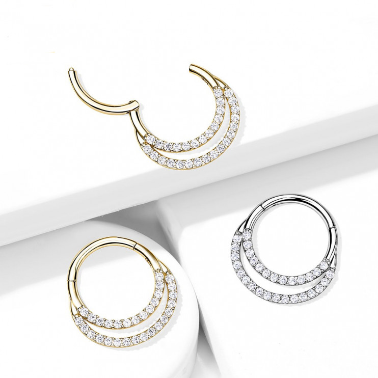 Кликер-двойное кольцо из титана с цирконами Clear  