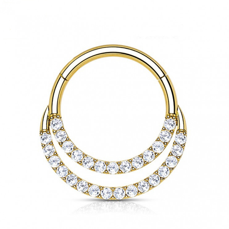 Кликер-двойное кольцо из титана Gold с цирконами Clear