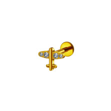 Лабрет из титана в форме самолета с кристаллами GOLD