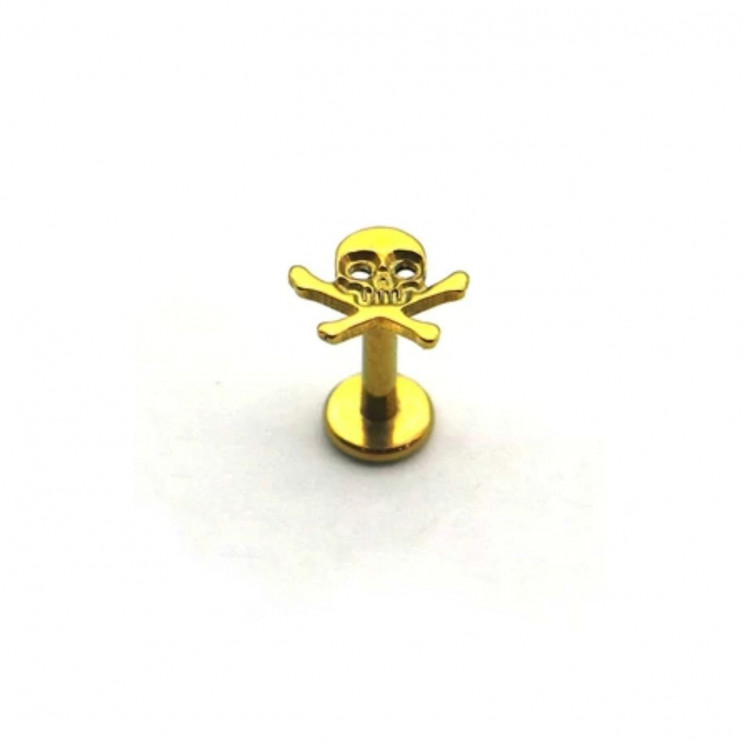 Лабрет с черепом и костями из титана Gold (интернальная резьба)  