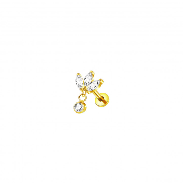 Лабрет из титана с тремя кристаллами и подвеской 1.2х8 мм. GOLD  