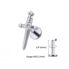 Лабрет с накруткой Кинжал со стразом из титана (интернальная резьба)