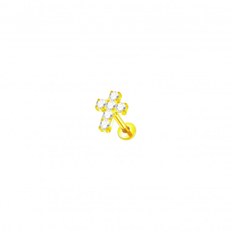 Лабрет из титана 1.2х8 мм. Крест с кристаллами GOLD  