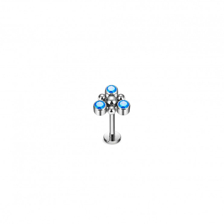 Лабрет их титана 1.2х6 мм с тремя кристаллами и шарами BLUE  