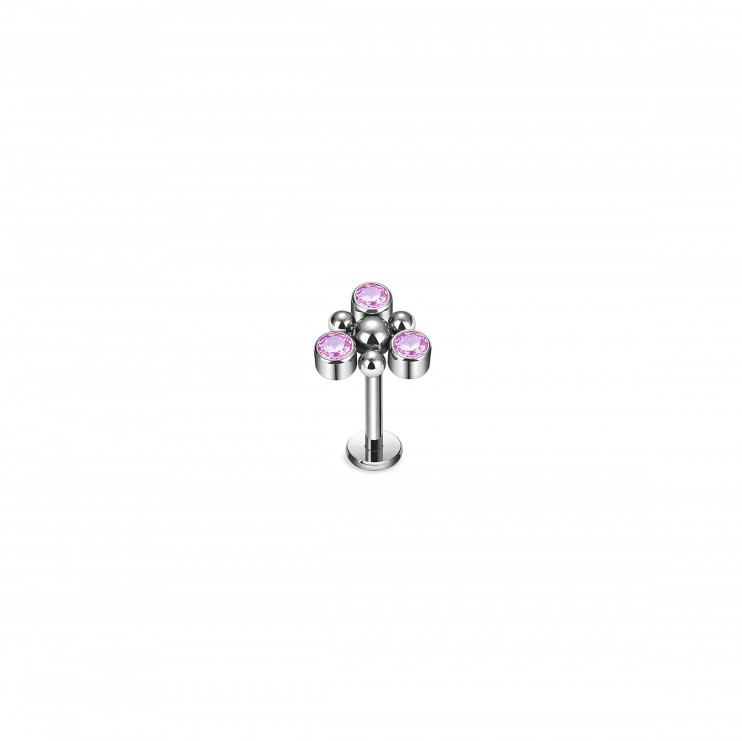 Лабрет их титана 1.2х6 мм с тремя кристаллами и шарами PINK  