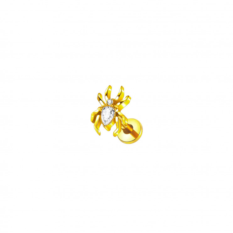 Лабрет из титана в виде паука с кристаллом 1.2х8 мм. GOLD  